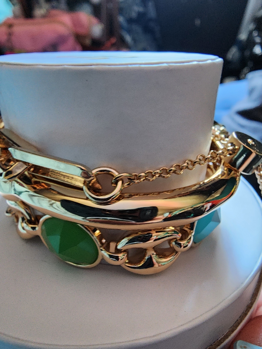 Gold-Tone Multi-Chain Bracelet with Green and Teal Stones
